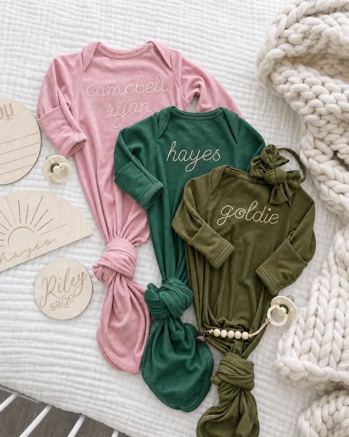 Personalized Solid Color Stitched Baby Name Bamboo Knot Gown