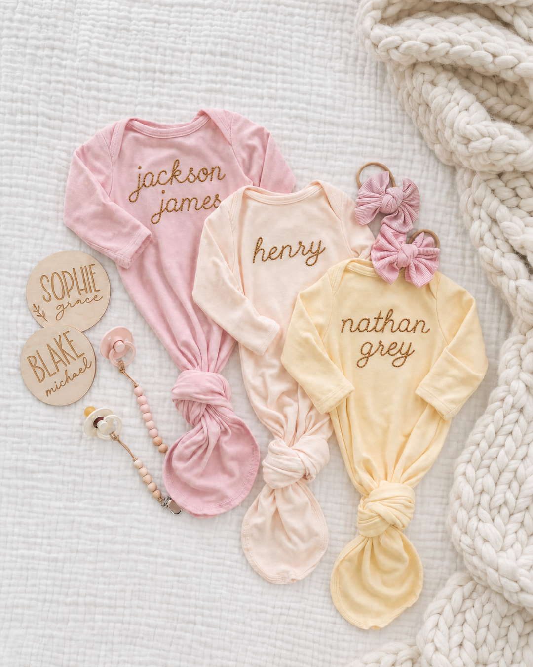 Personalized Solid Color Stitched Baby Name Bamboo Knot Gown