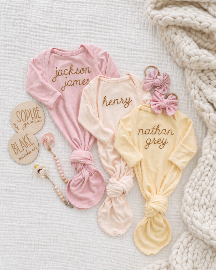 Personalized Solid Color Stitched Baby Name Bamboo Knot Gown