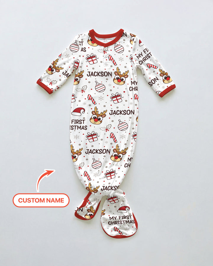 Custom Name Reindeer Doodle My First Christmas Bamboo Knot Gown