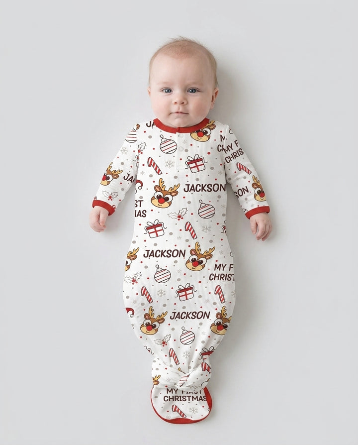 Custom Name Reindeer Doodle My First Christmas Bamboo Knot Gown
