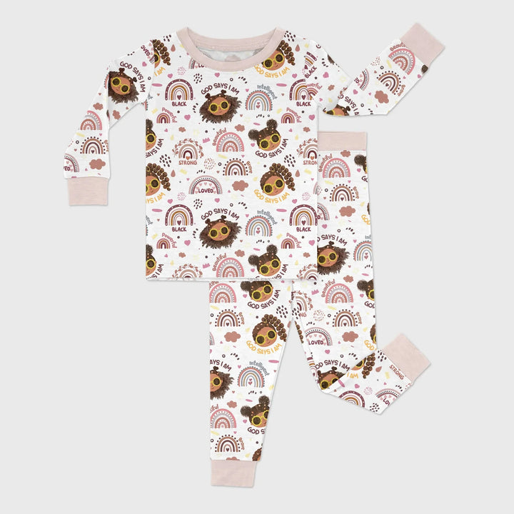 Afro African American Girl Bamboo Two Piece Long Sleeve Pajama Set