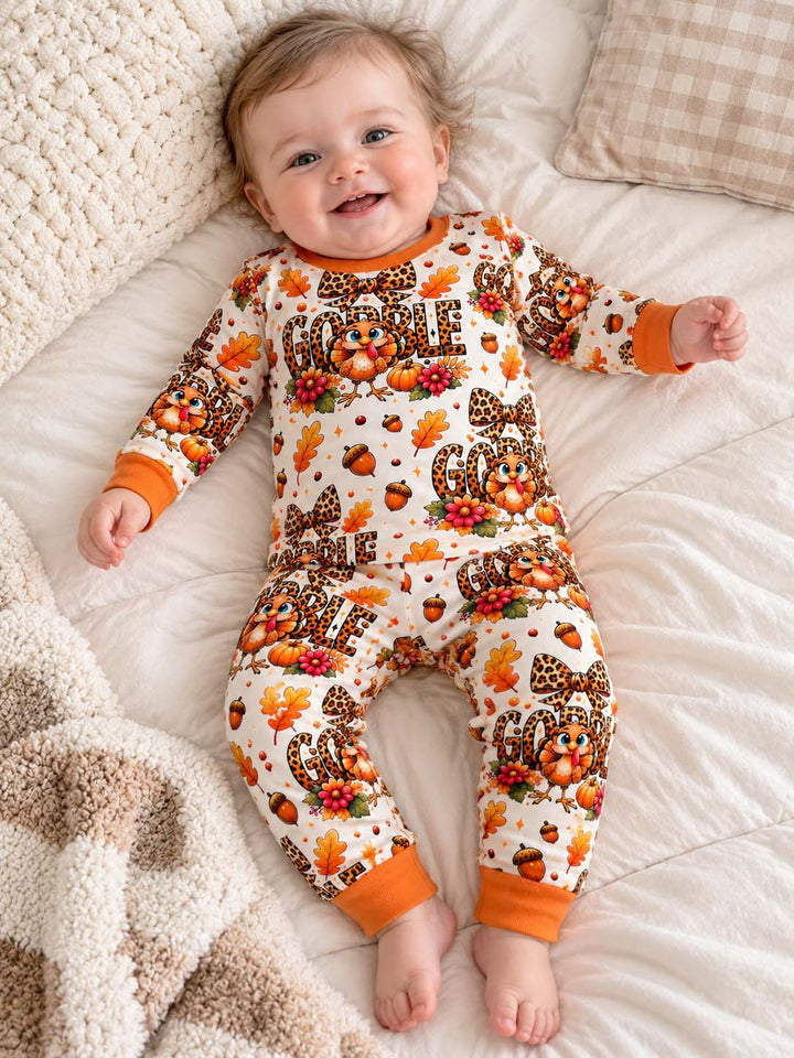 Leopard Print Gobble Turkey Bamboo Two Piece Long Sleeve Pajama Set