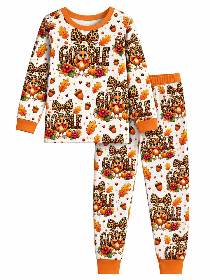 Leopard Print Gobble Turkey Bamboo Two Piece Long Sleeve Pajama Set