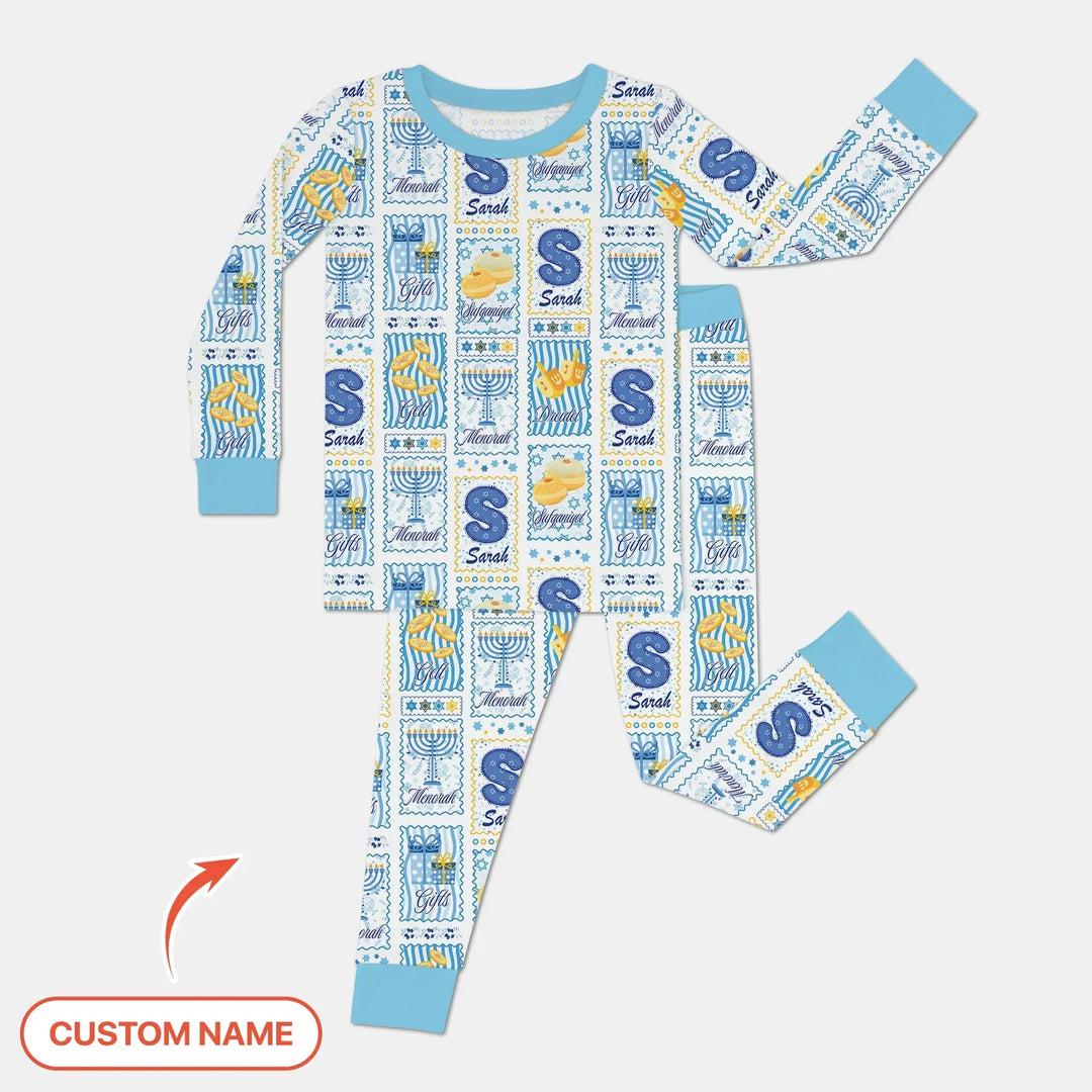 Light of Hanukkah Custom Name Bamboo Two Piece Long Sleeve Pajama Set