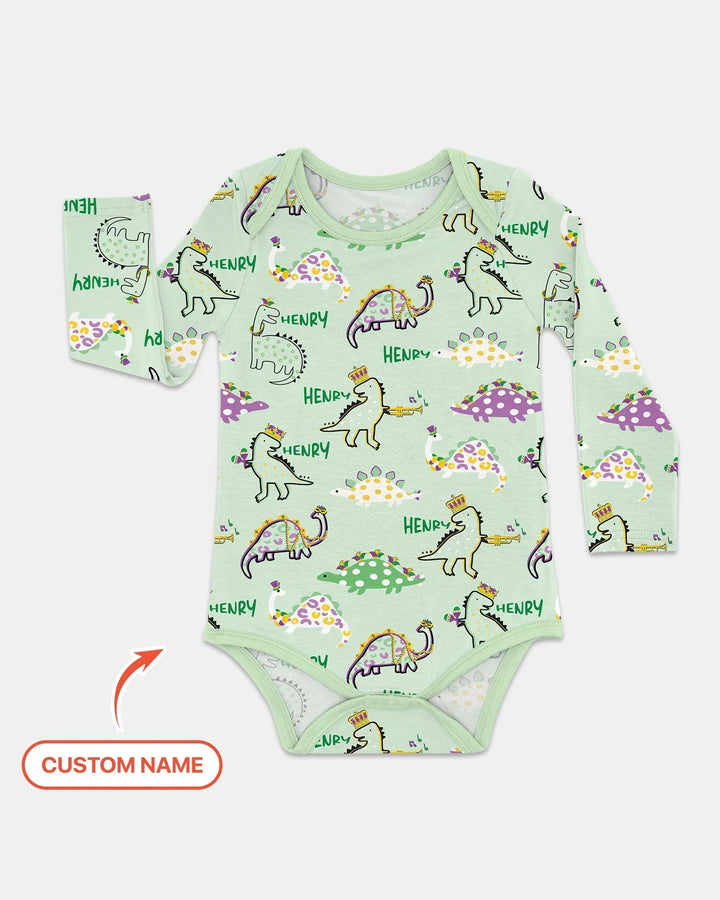 Custom Name Mardi Gras Saurus Buddy Bamboo Bodysuit