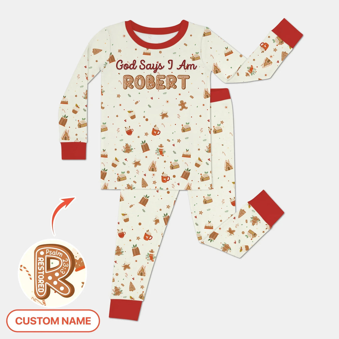 GingerBread God Says I Am Custom Name Two Piece Long Sleeve Pajama Set , GingerBread God Says I Am Custom Name Two Piece Long Sleeve Pajama Set - 12-18M