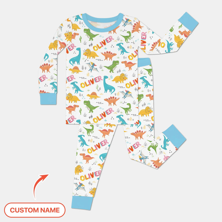 Dino Adventure Custom Name Bamboo Two Piece Long Sleeve Pajama Set