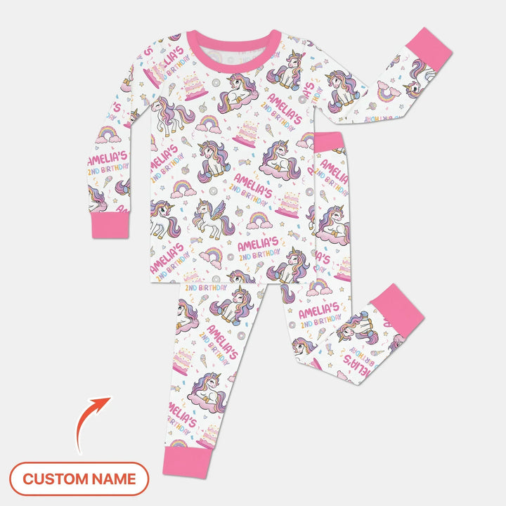 Custom Name Little Unicorn's Birthday Bamboo Two Piece Long Sleeve Pajama Set