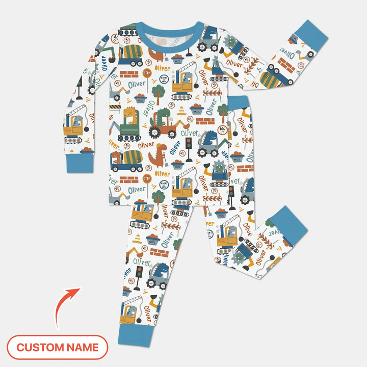 Custom Name Dino Diggers Bamboo Two Piece Long Sleeve Pajama Set