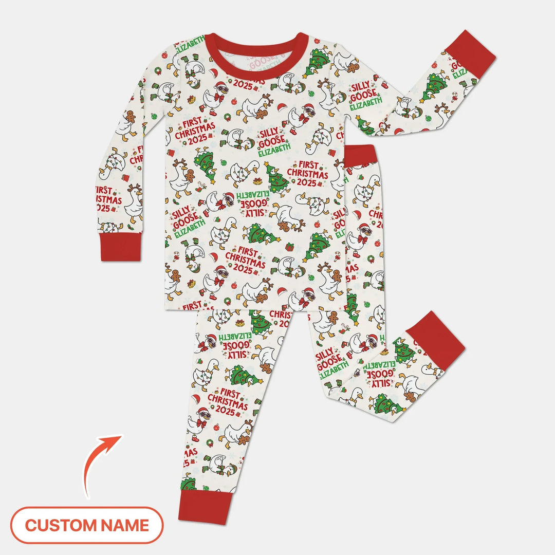 Custom Name "Silly Goose" Two Piece Long Sleeve Pajama Set (Red) , Custom Name "Silly Goose" Two Piece Long Sleeve Pajama Set (Red) - 12-18M
