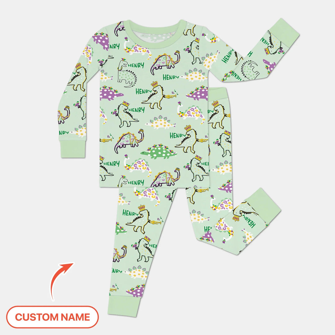 Custom Name Mardi Gras Saurus Bamboo Two Piece Long Sleeve Pajama Set