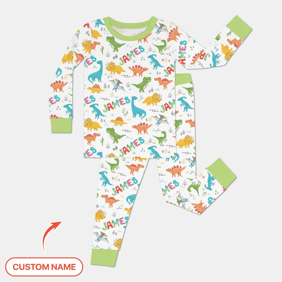 Dino Adventure Custom Name Bamboo Two Piece Long Sleeve Pajama Set