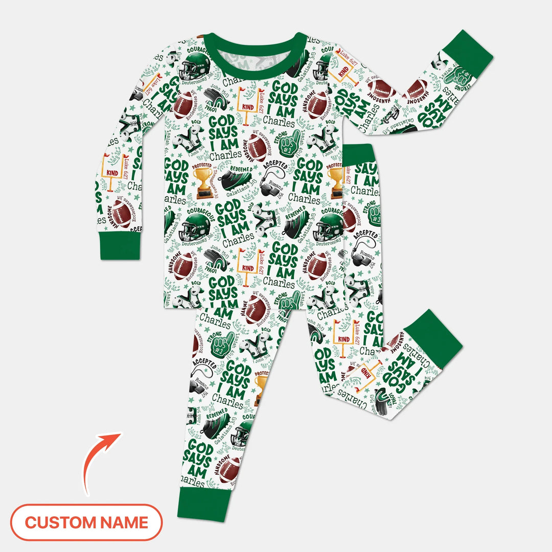 God Says I Am Touch Down Time Custom Name Bamboo Two Piece Long Sleeve Pajama Set