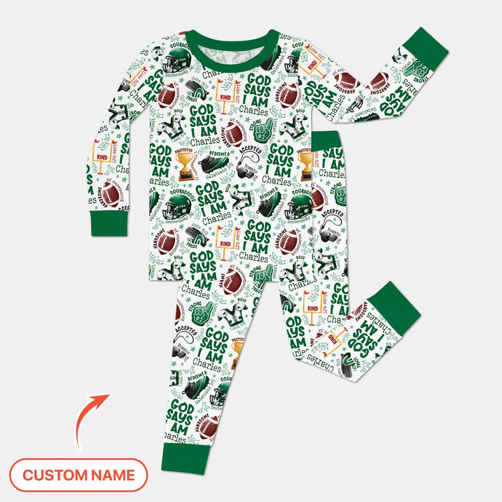 God Says I Am Touch Down Time Custom Name Bamboo Two Piece Long Sleeve Pajama Set