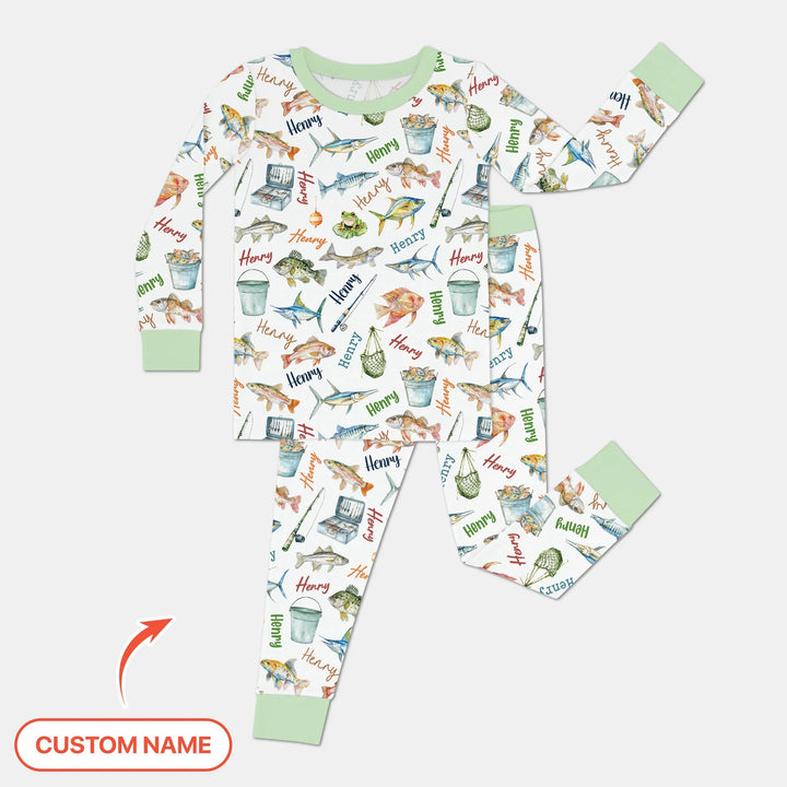 Happy Fishing Adventure Custom Name Bamboo Two Piece Long Sleeve Pajama Set