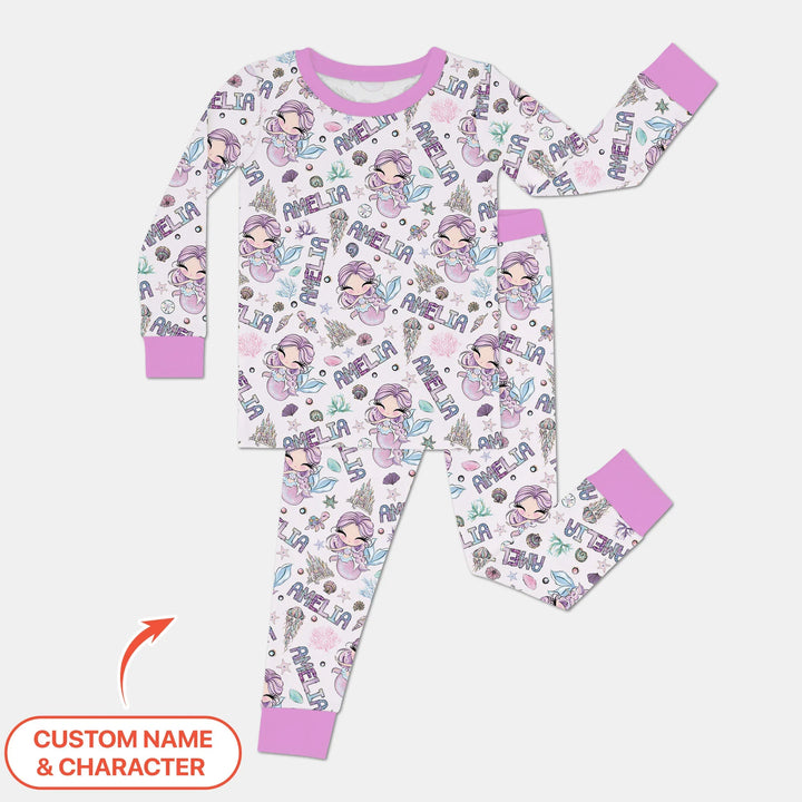 Custom Name Doodle Little Mermaid Bamboo Two Piece Long Sleeve Pajama Set