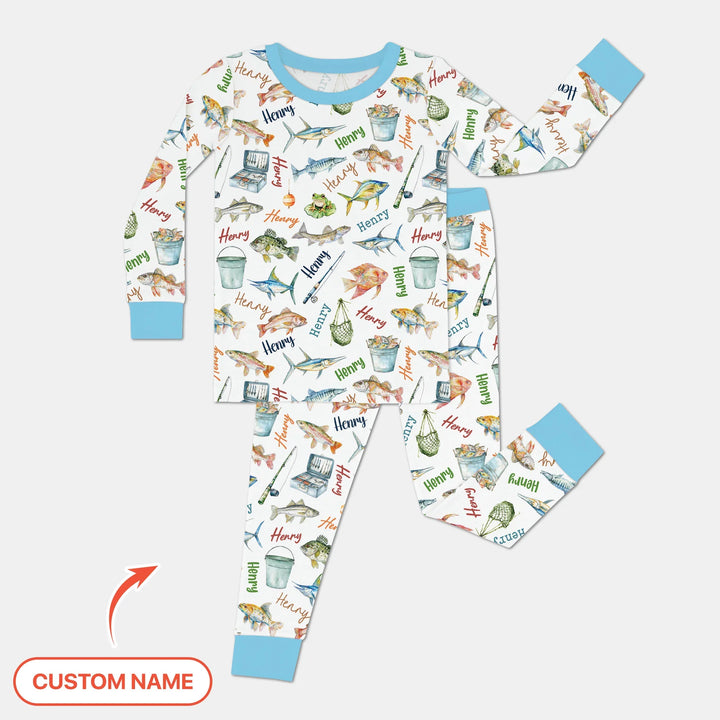 Happy Fishing Adventure Custom Name Bamboo Two Piece Long Sleeve Pajama Set