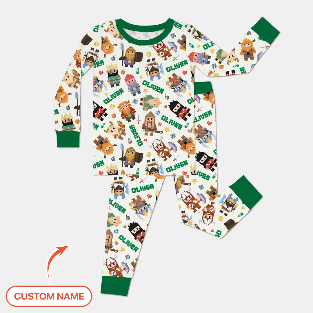Blocky Buddy Squad Custom Name Bamboo Two Piece Long Sleeve Pajama Set