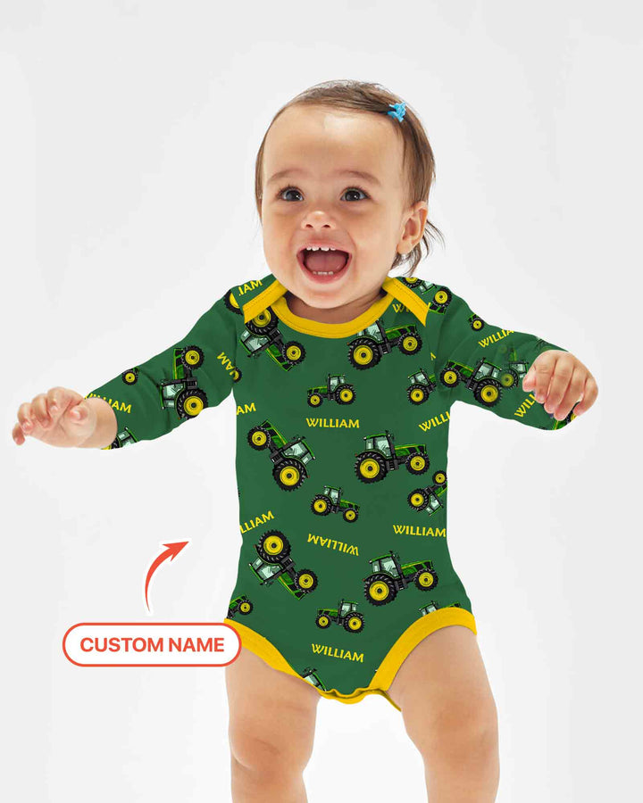 Custom Name Green Tractors Matching Daddy & Me Bamboo Bodysuit
