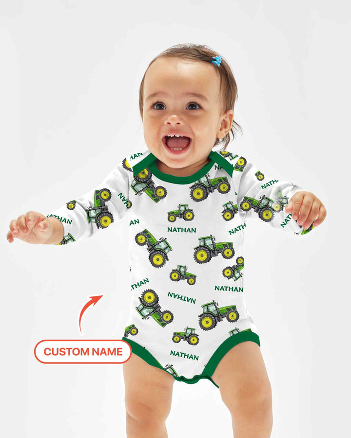 Custom Name Green Tractors Matching Daddy & Me Bamboo Bodysuit