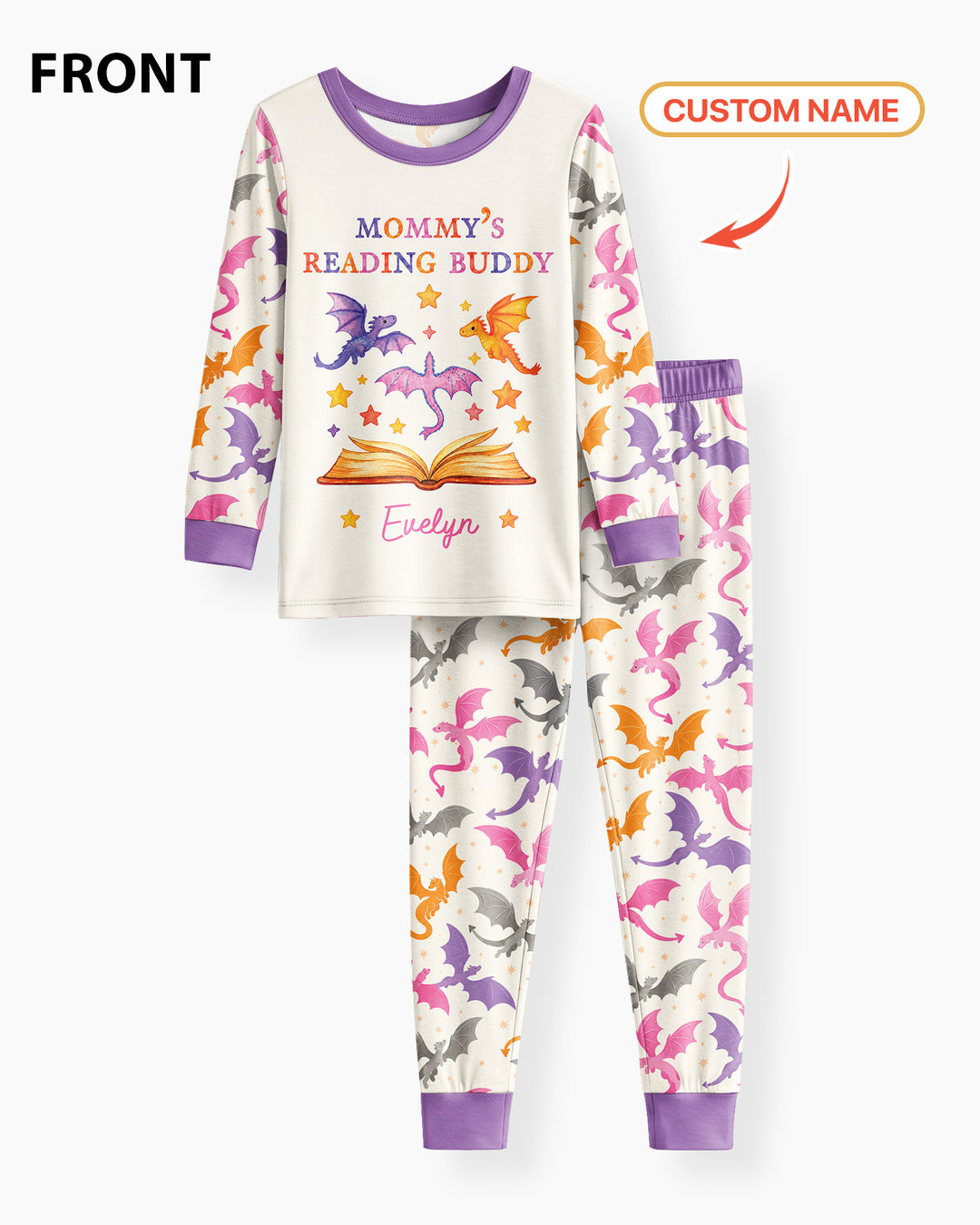 Custom Name Dragon Reading Buddy Bamboo Two Piece Long Sleeve Pajama Set