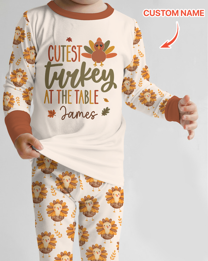 Custom Name Cutest Turkey At The Table Bamboo Two Piece Long Sleeve Pajama Set