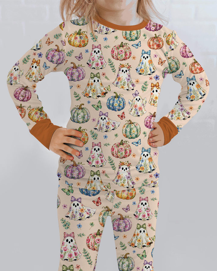 Floral Ghost Halloween Bamboo Two Piece Long Sleeve Pajama Set