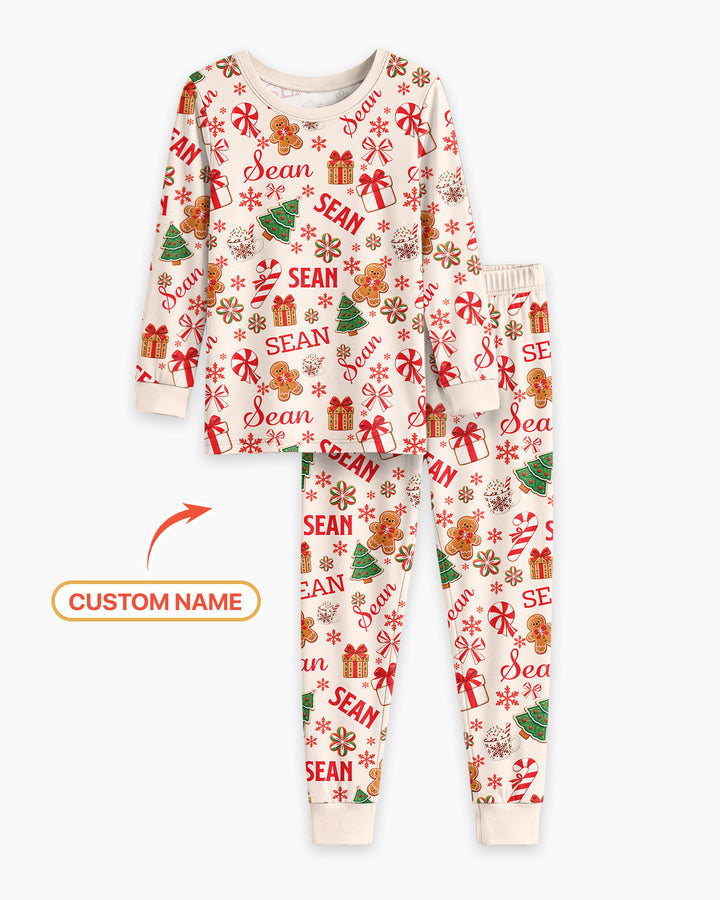 Merry Christmas Custom Name Bamboo Two Piece Long Sleeve Pajama Set