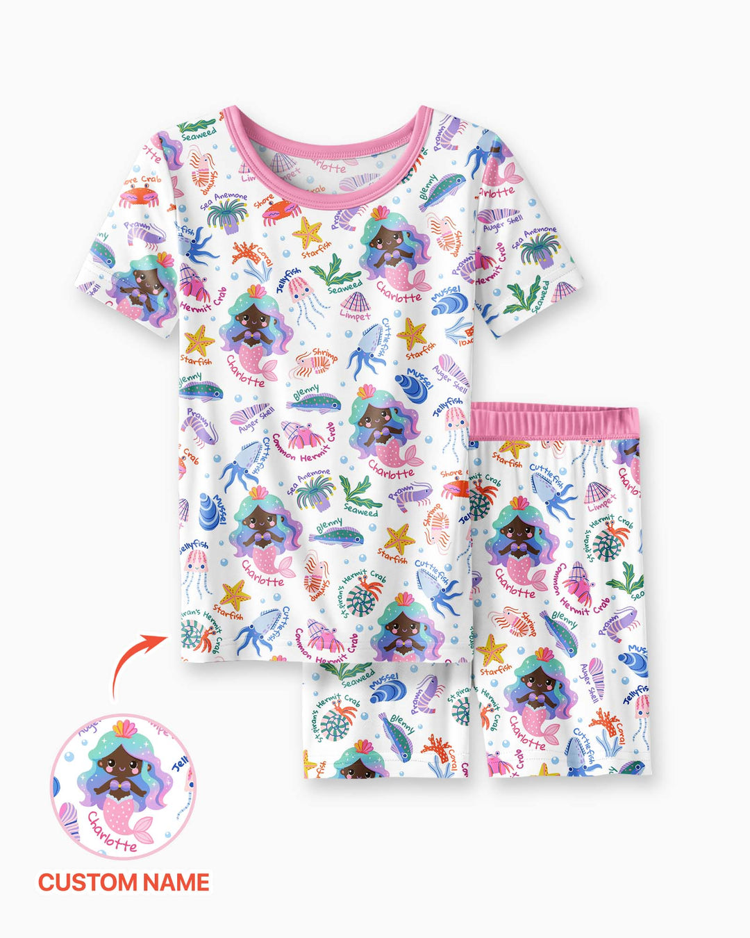 Personalized Cute Mermaid Bamboo Two Piece Short Sleeve Shorts Pajama Set