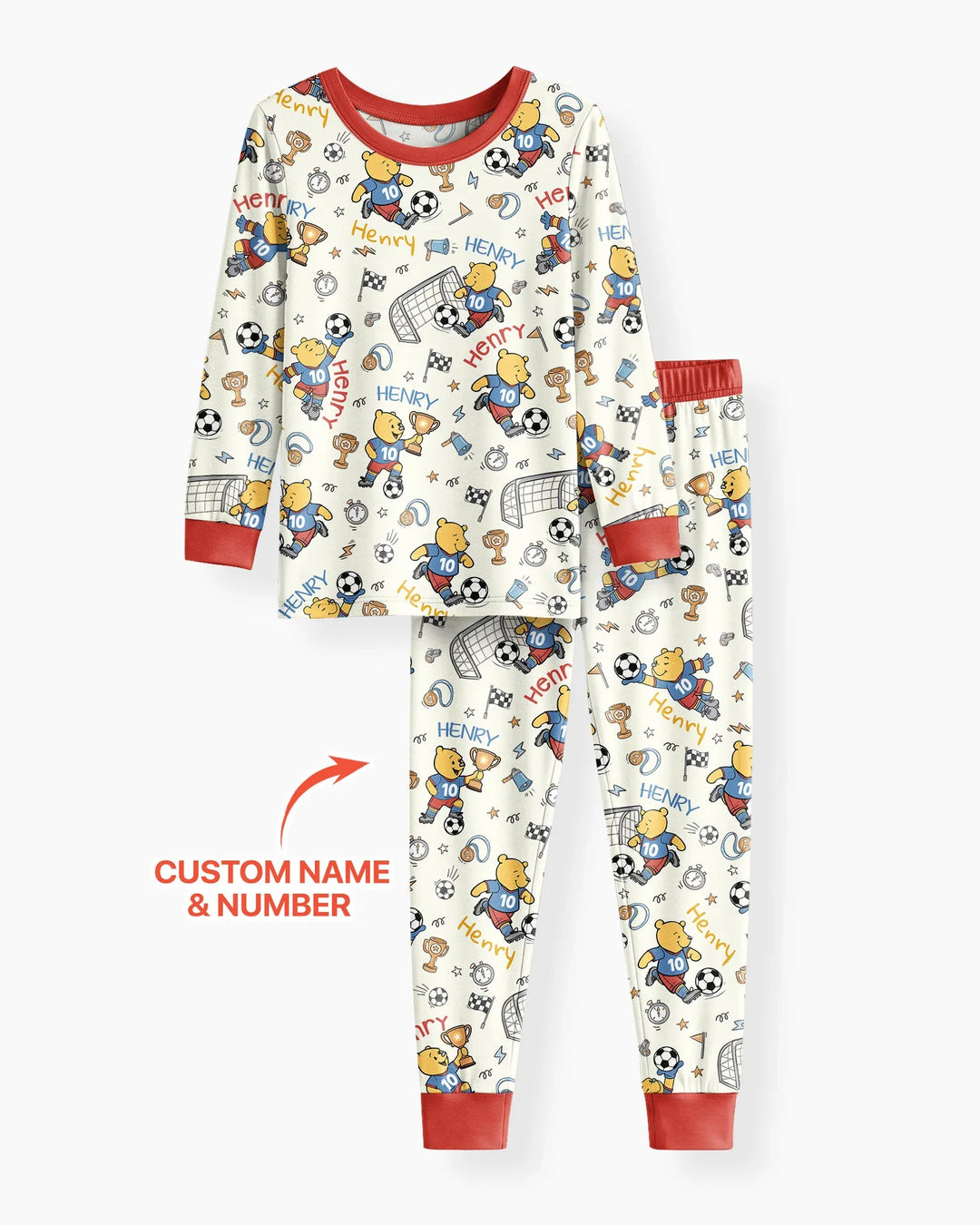Personalized Classic Bear World Soccer Bamboo Two Piece Long Sleeve Pajama Set