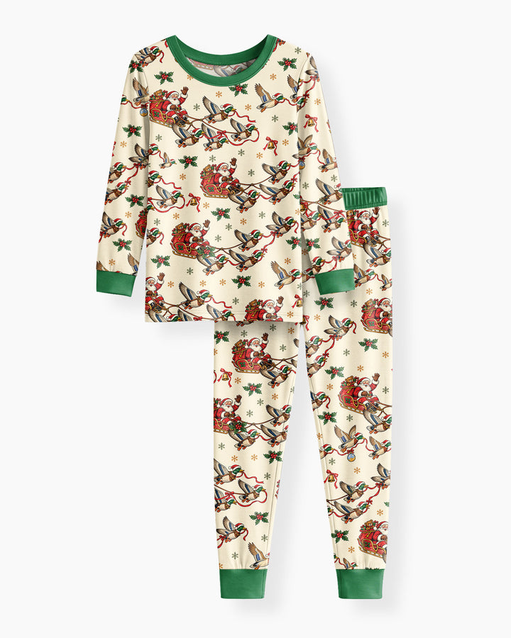 Santa Sleigh with Mallard Ducks Bamboo Two Piece Long Sleeve Pajama Set