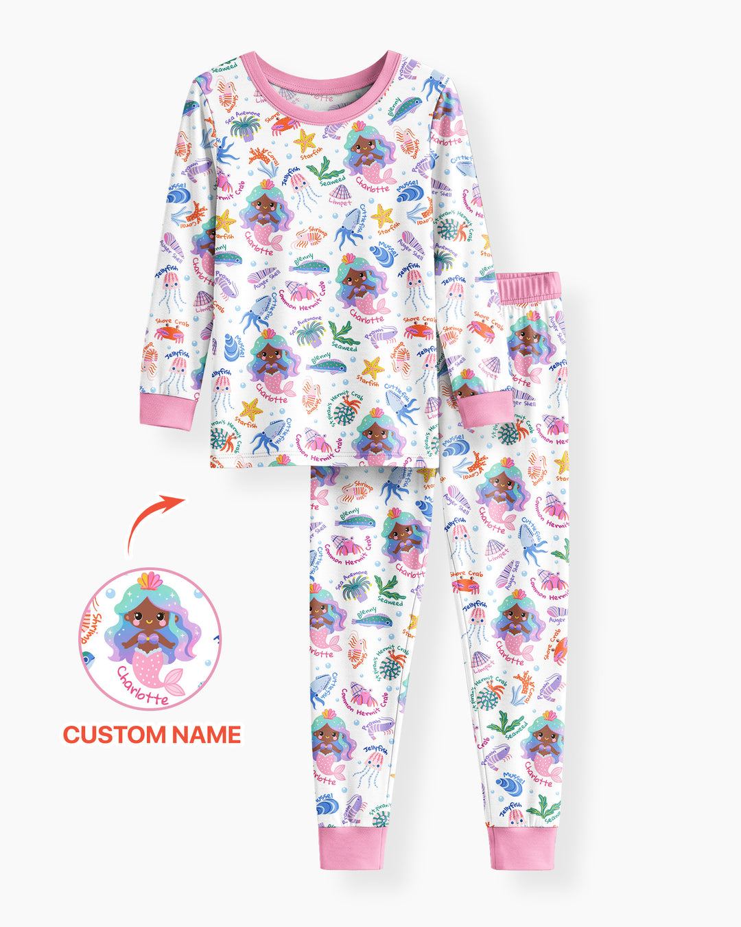 Personalized Cute Mermaid Bamboo Two Piece Long Sleeve Pajama Set