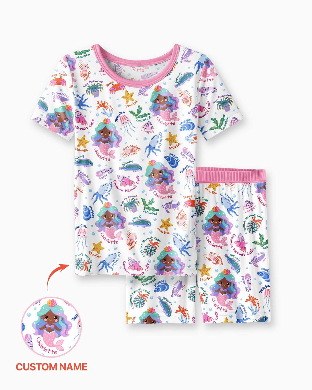 Personalized Cute Mermaid Bamboo Two Piece Short Sleeve Shorts Pajama Set