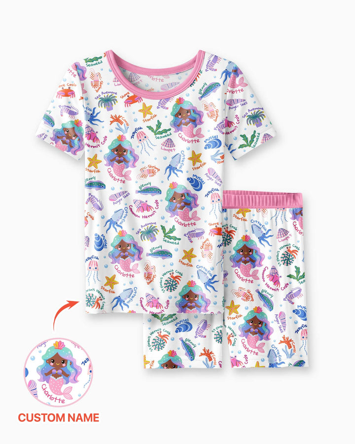 Personalized Cute Mermaid Bamboo Two Piece Short Sleeve Shorts Pajama Set