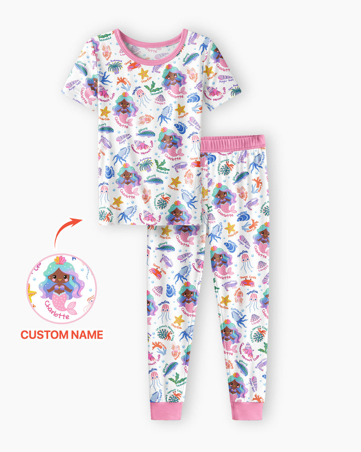 Personalized Cute Mermaid Bamboo Two Piece Short Sleeve Pajama Set