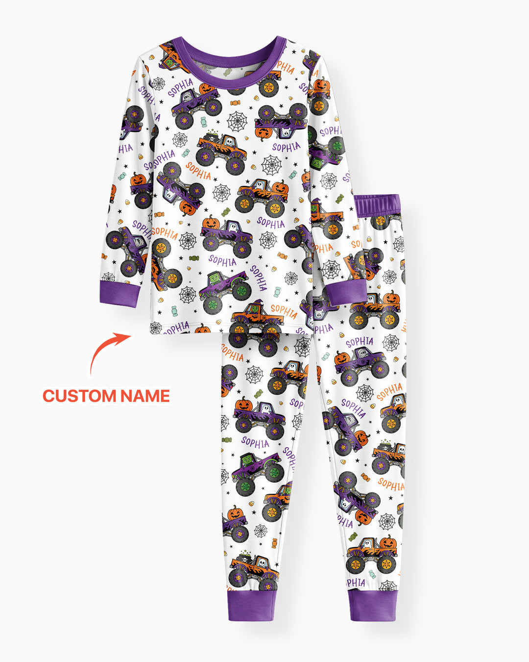 Custom Name Halloween Monster Truck Bamboo Two Piece Long Sleeve Pajama Set