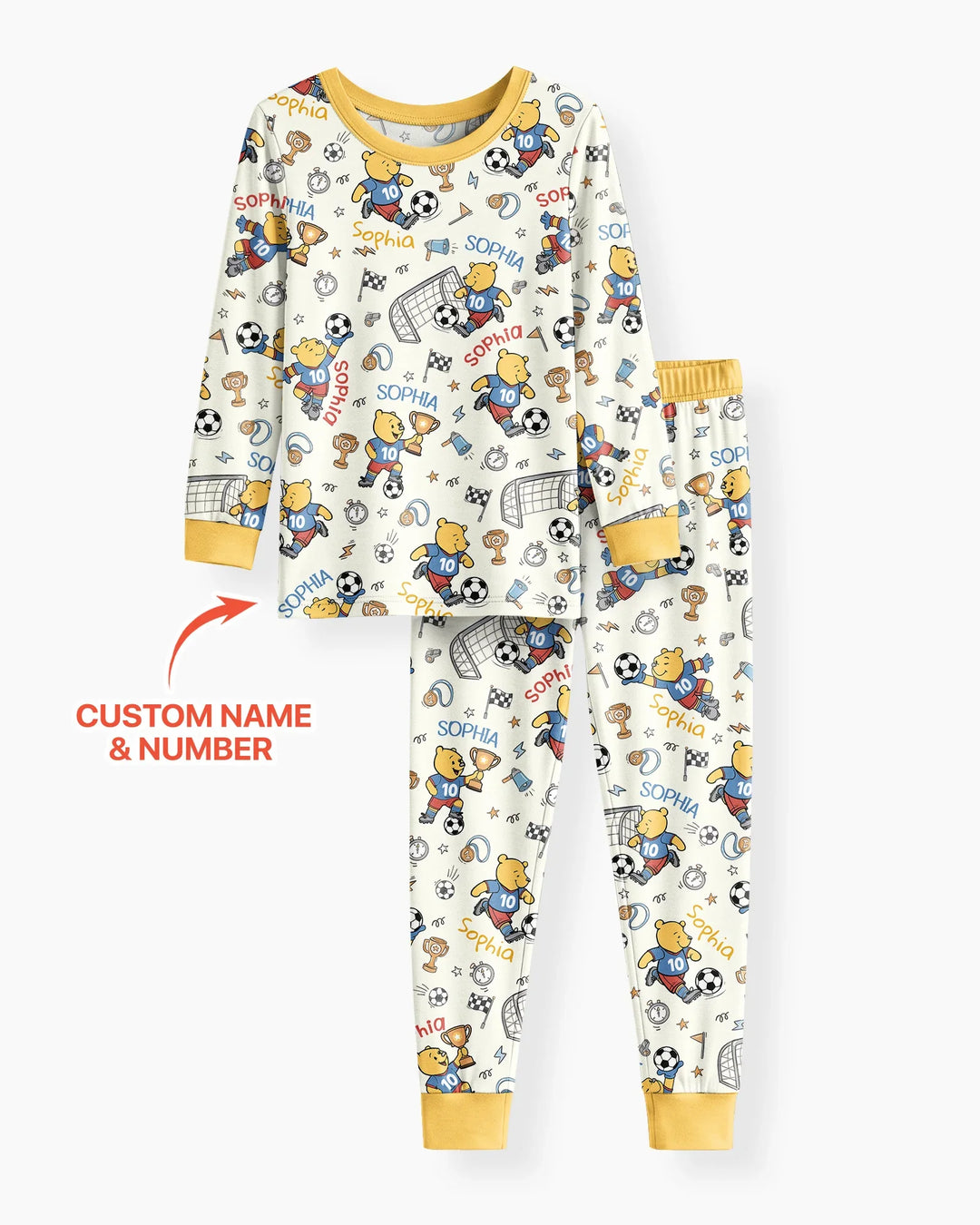 Personalized Classic Bear World Soccer Bamboo Two Piece Long Sleeve Pajama Set