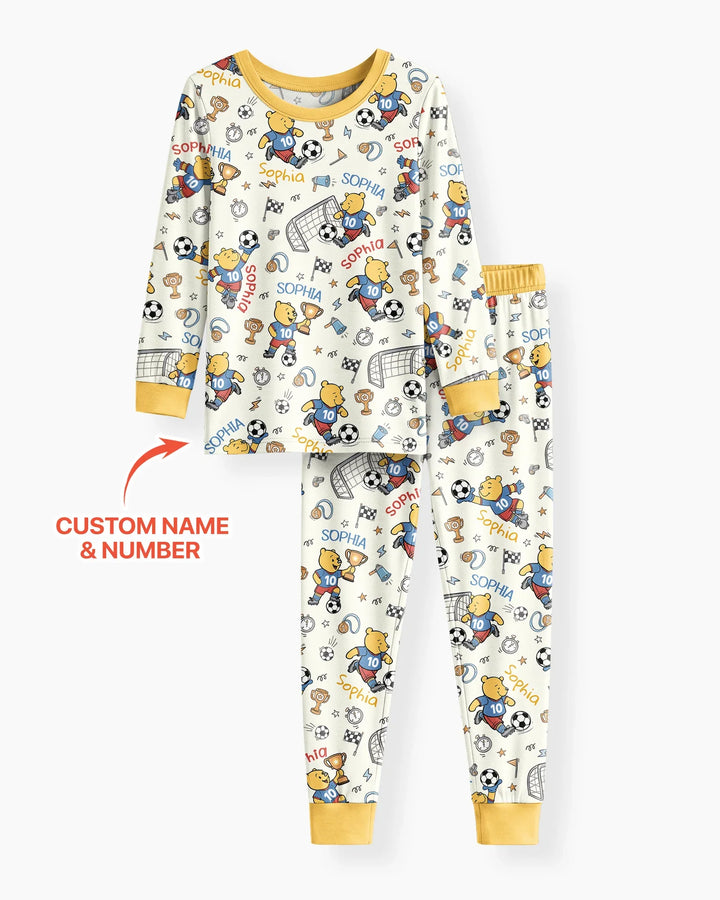Personalized Classic Bear World Soccer Bamboo Two Piece Long Sleeve Pajama Set