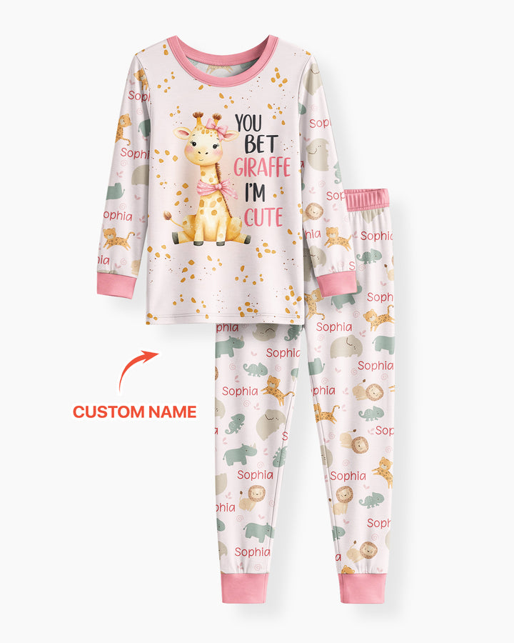 You Bet Giraffe I'm Cute Custom Name Bamboo Two Piece Long Sleeve Pajama Set