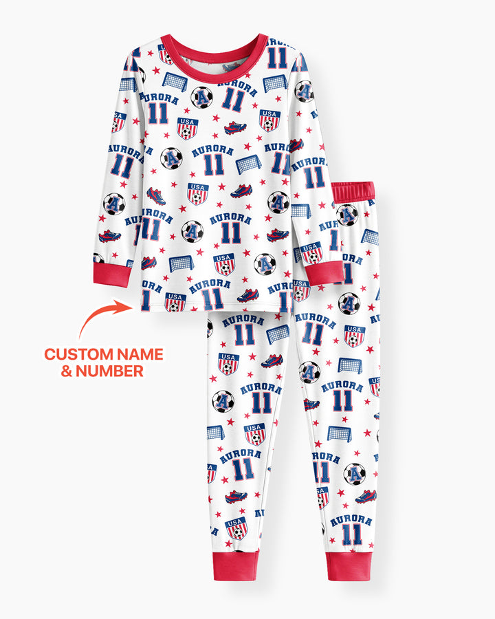 Custom Name Soccer Time Bamboo Two Piece Long Sleeve Pajama Set