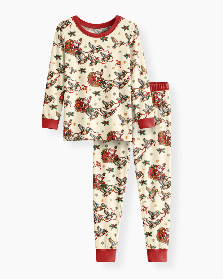 Santa Sleigh with Mallard Ducks Bamboo Two Piece Long Sleeve Pajama Set