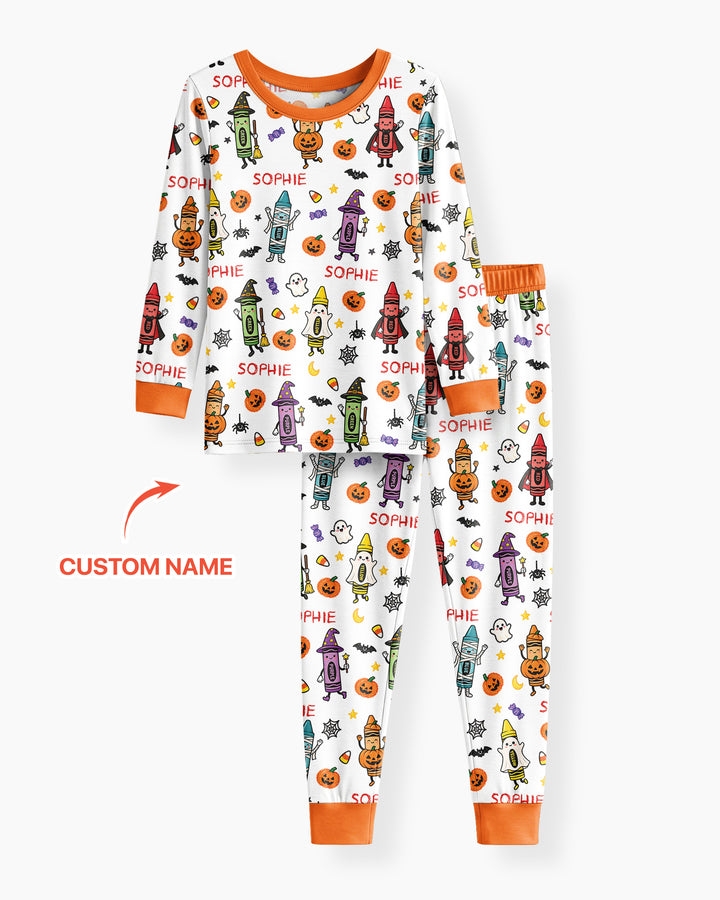 Custom Name Halloween Crayon Bamboo Two Piece Long Sleeve Pajama Set