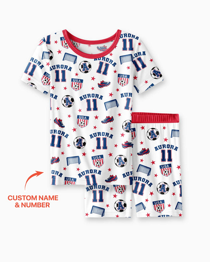 Custom Name Soccer Time Bamboo Two Piece Short Sleeve Shorts Pajama Set