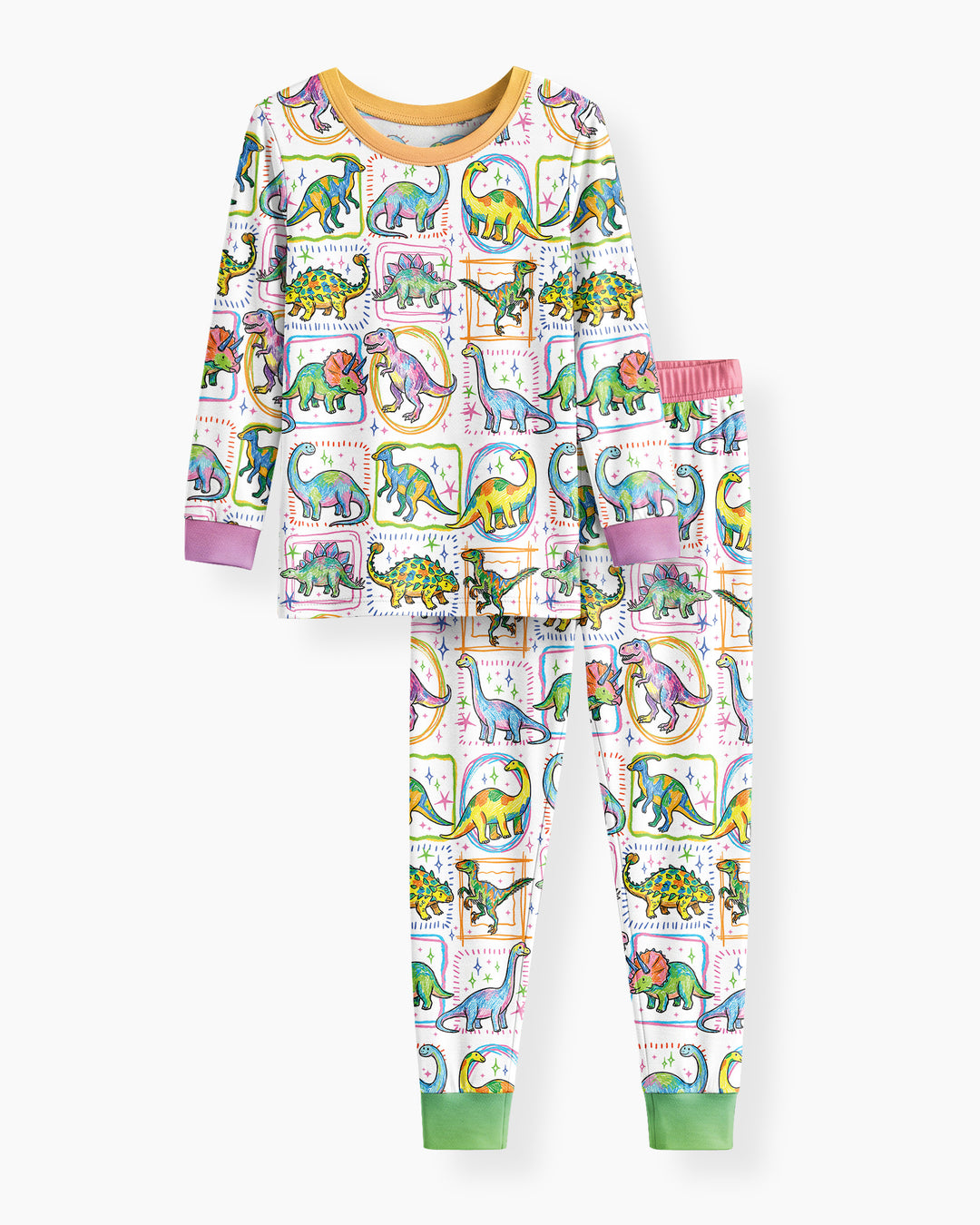 Dinosaur Colorful Stamps Bamboo Two Piece Long Sleeve Pajama Set