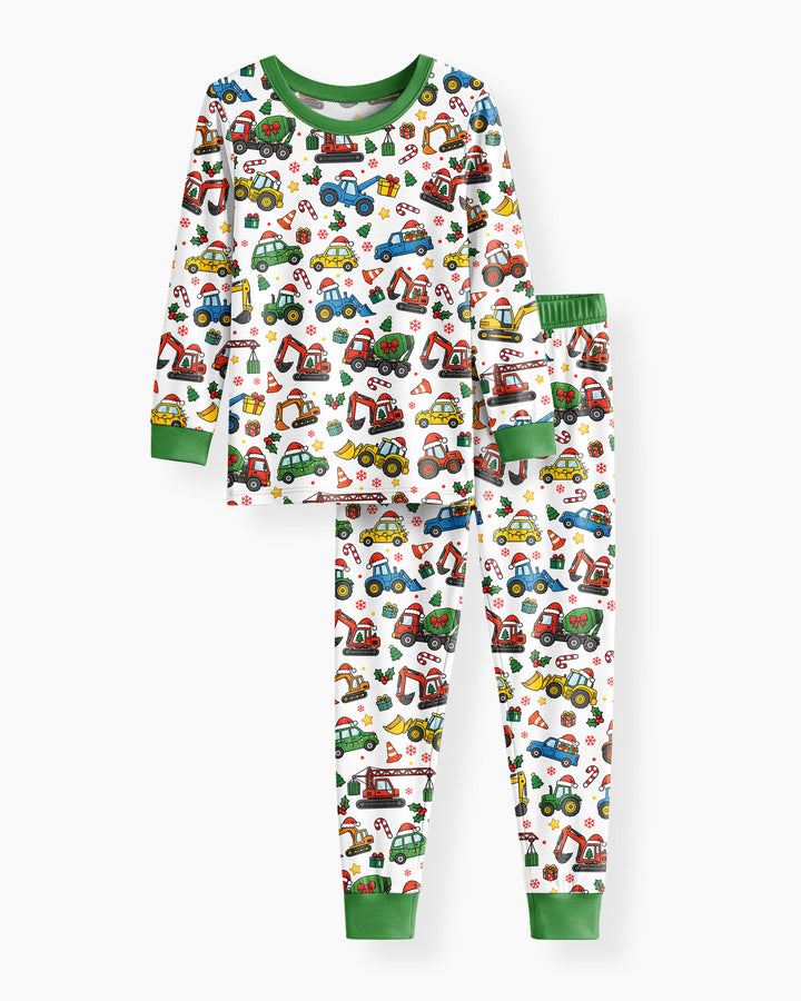 Excavator Christmas Trucks Bamboo Two Piece Long Sleeve Pajama Set