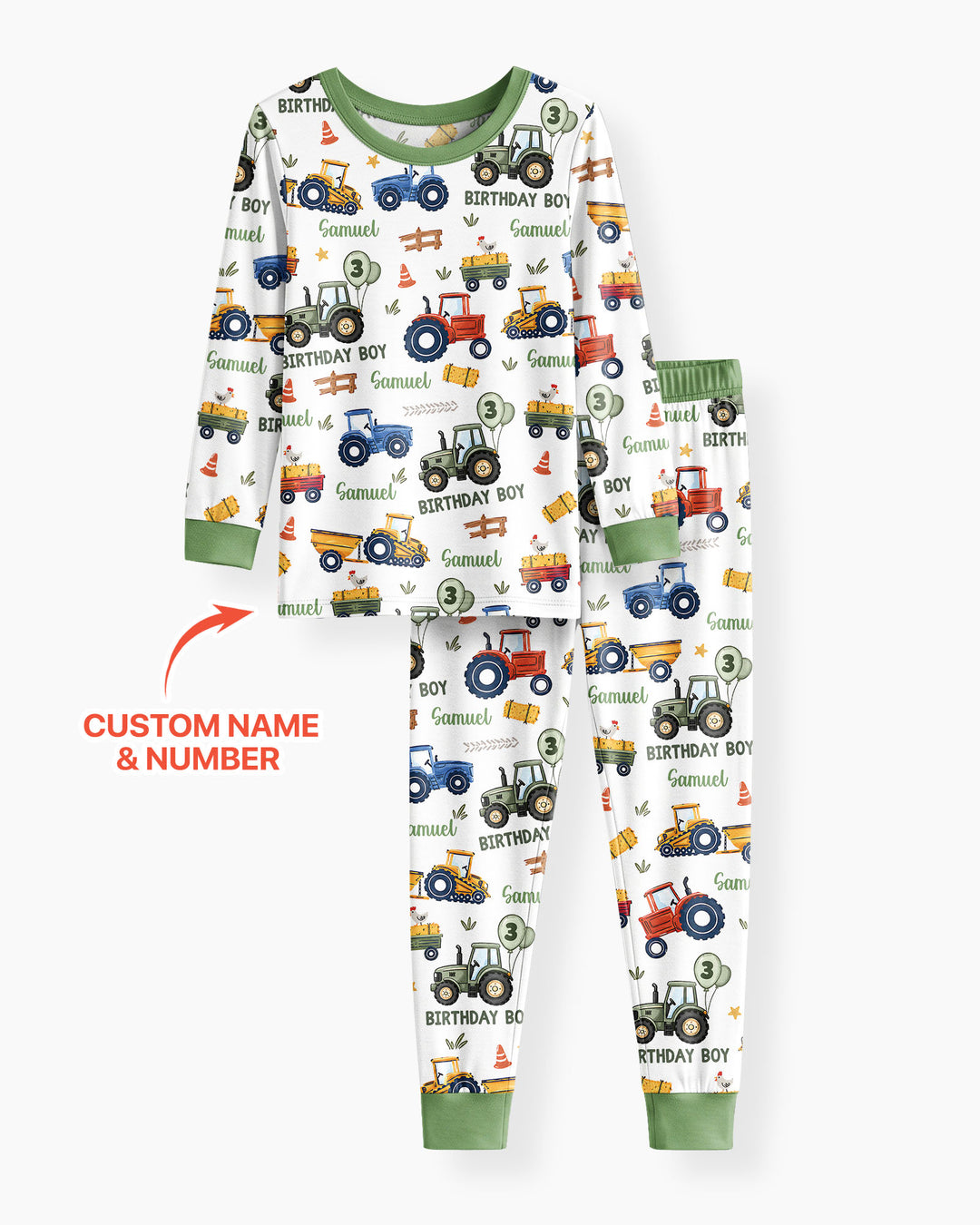 Custom Name and Age Tractor Birthday Boy Bamboo Two Piece Long Sleeve Pajama Set