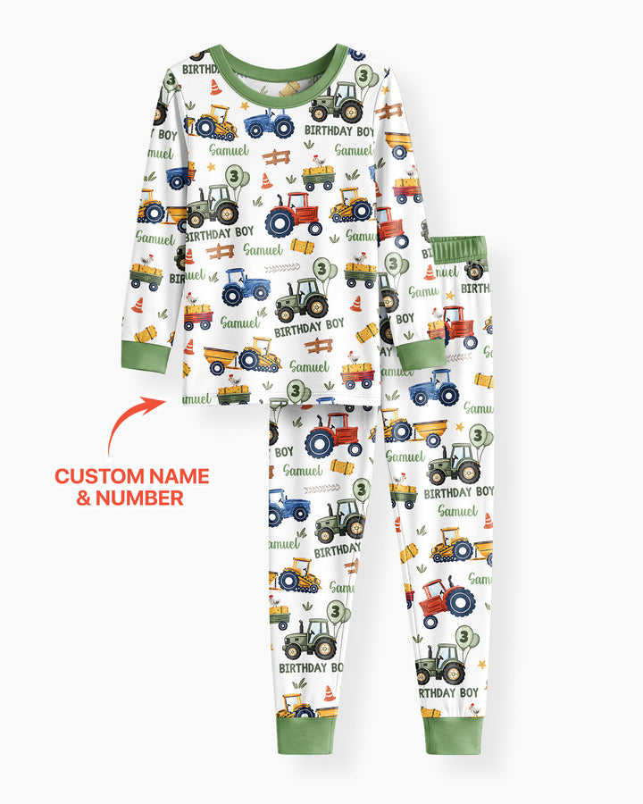 Custom Name and Age Tractor Birthday Boy Bamboo Two Piece Long Sleeve Pajama Set
