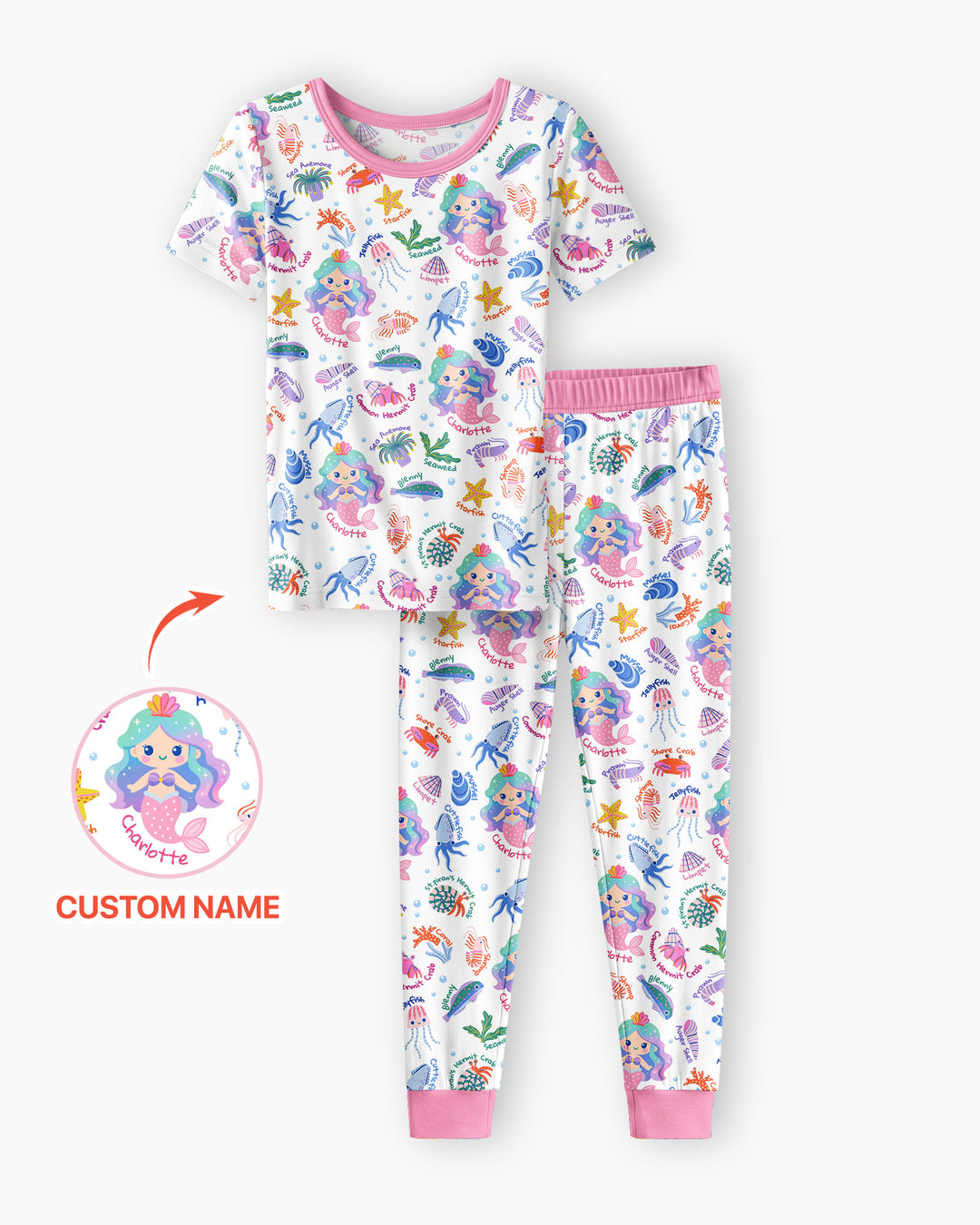 Personalized Cute Mermaid Bamboo Two Piece Short Sleeve Pajama Set