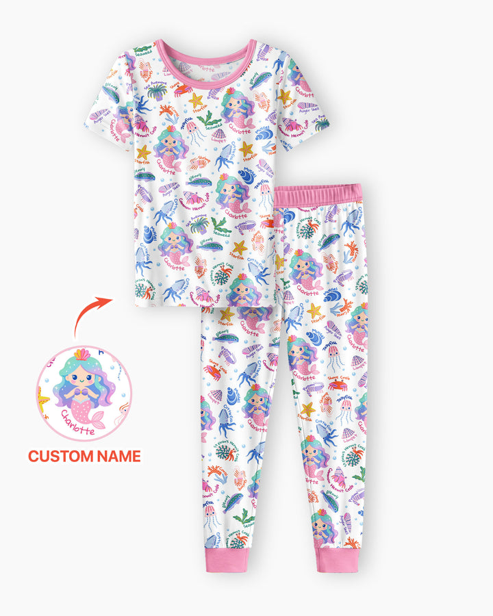 Personalized Cute Mermaid Bamboo Two Piece Short Sleeve Pajama Set